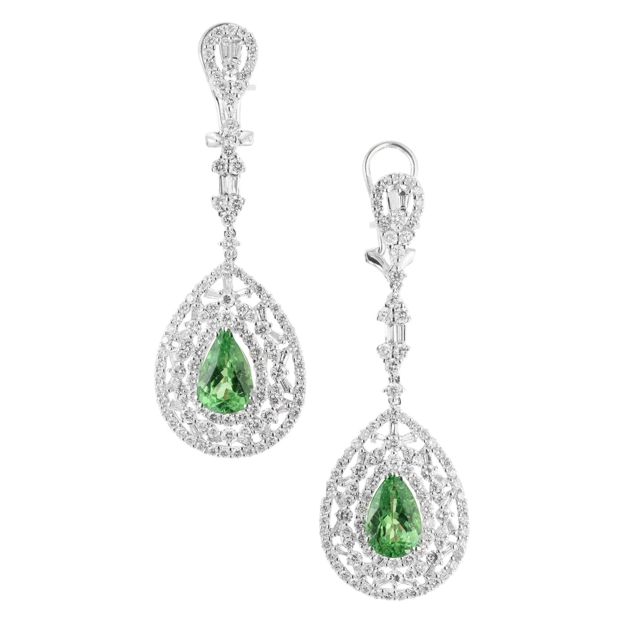 GIA Certified 3.50 Carat Tsavorite Garnet Diamond Gold Dangle Drop Earrings For Sale