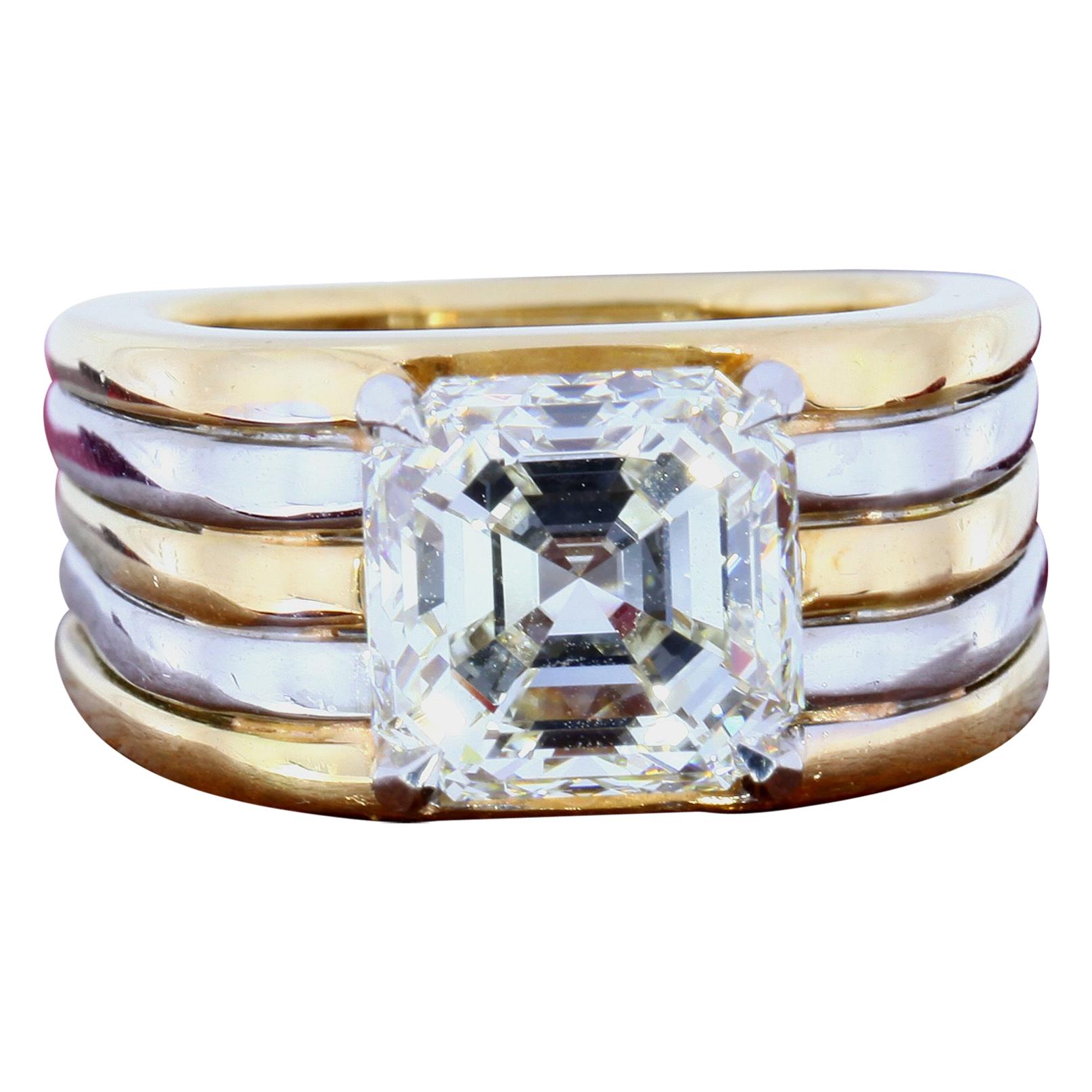 GIA Certified 3.51 Carat Asscher Cut Diamond Multicolored Gold Ring For Sale