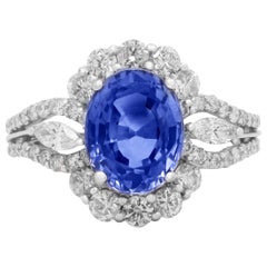 GIA Certified 3.51 Carat Blue Sapphire Ring with Diamonds and White Gold