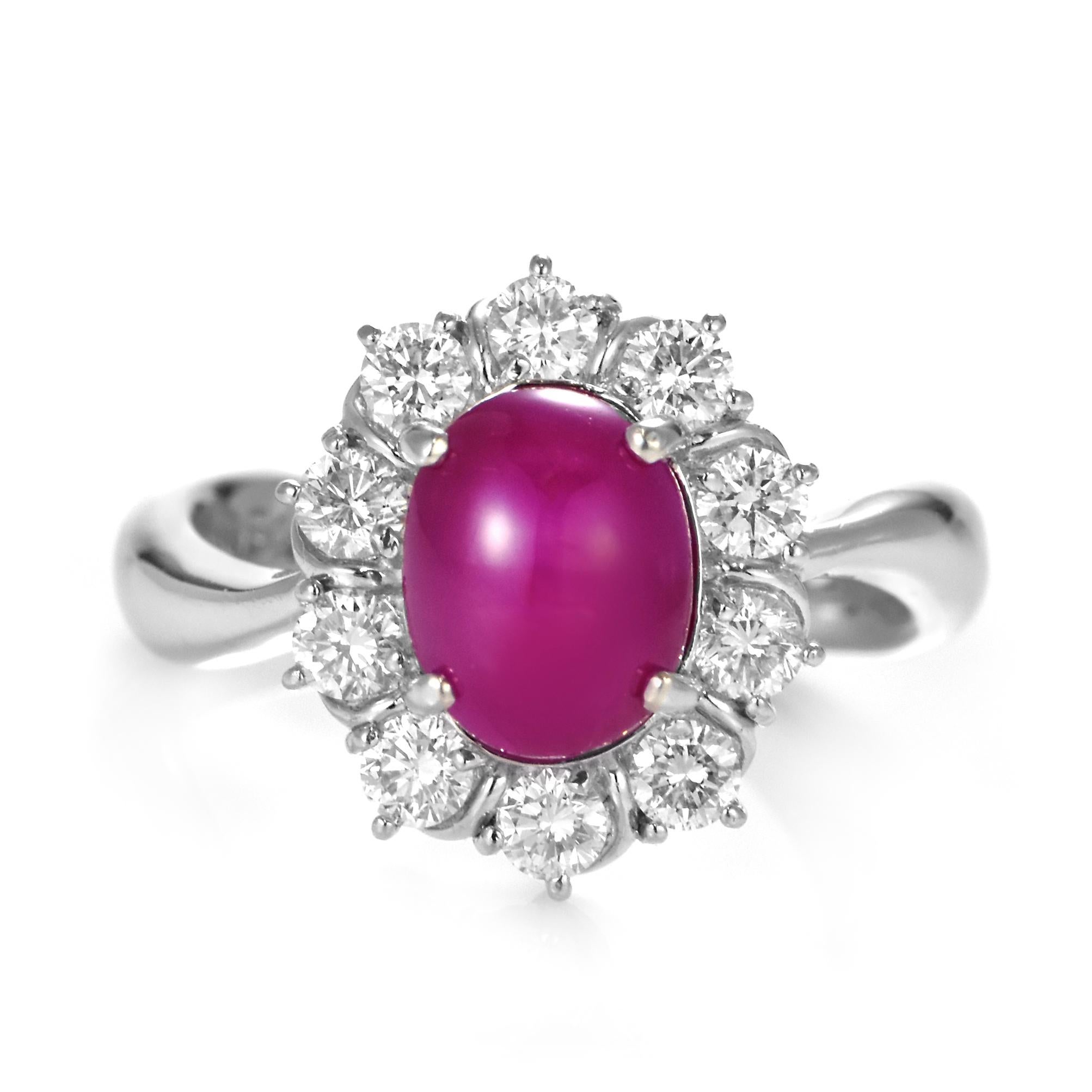 Cabochon GIA Certified 3.51 Carat Burmese Star Ruby and Diamond Ring Made in Platinum For Sale