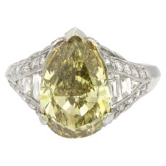GIA Certified 3.51 Carat Fancy Dark Gray Greenish Yellow Pear Shape Diamond Ring
