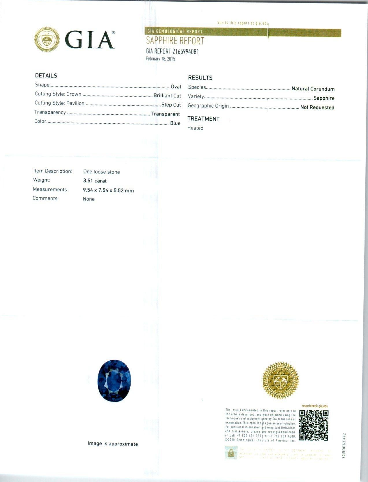 Verlobungsring mit drei Steinen, GIA-zertifizierter 3,51 Karat Saphir-Diamant im Angebot 1