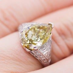 GIA Certified 3.51 Carat Fancy Dark Gray Greenish Yellow Pear Shape Diamond Ring