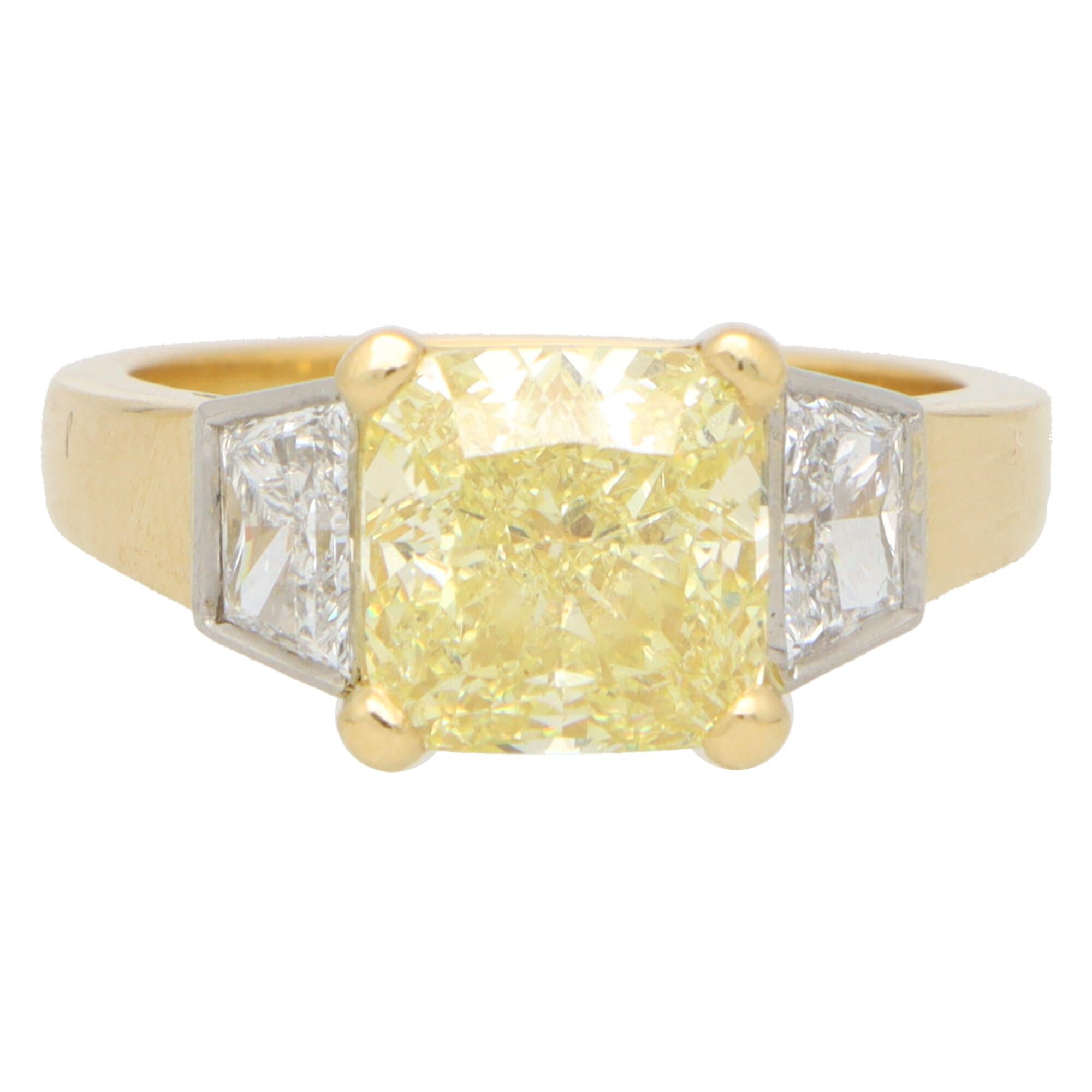 Cushion Cut GIA Certified 3.51ct Fancy Yellow Diamond Three Stone Ring Set in 18k Gold
