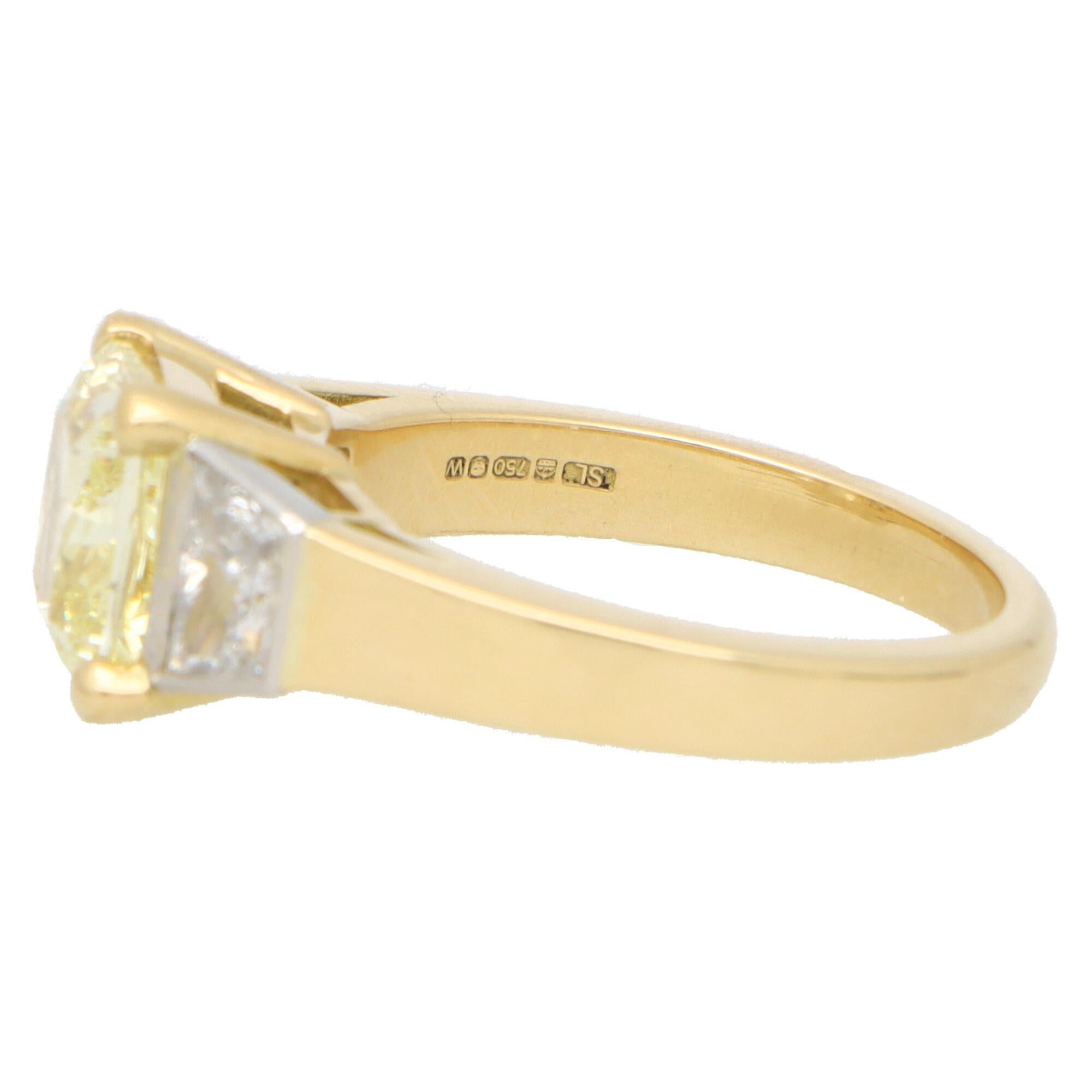 Women's or Men's GIA Certified 3.51ct Fancy Yellow Diamond Three Stone Ring Set in 18k Gold