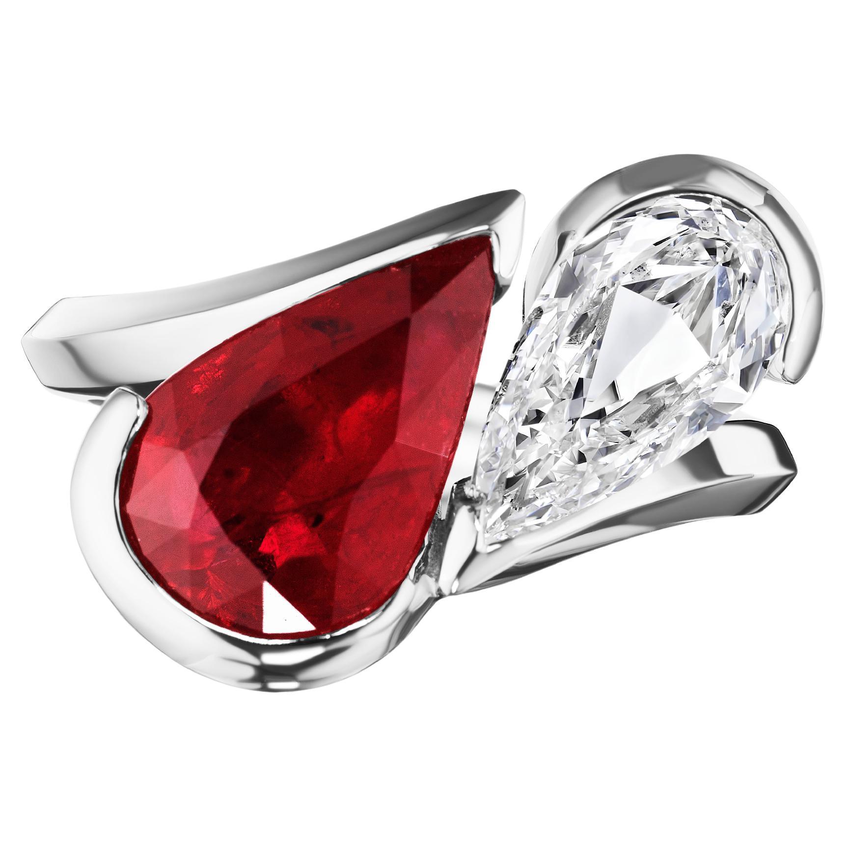 GIA Certified 3.51ct Pear Shape Ruby and 1.01ct Diamond Toi Et Moi Ring