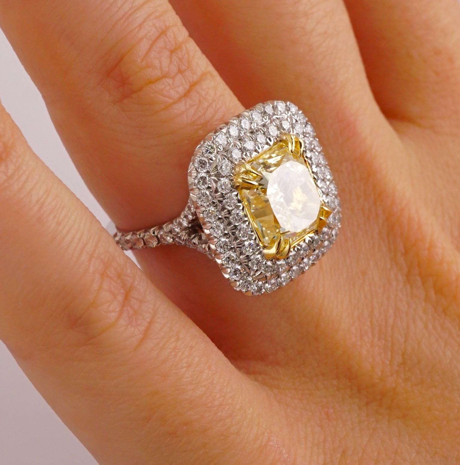 Contemporary GIA Certified 3.52 Carat Fancy Yellow Radiant Diamond Engagement Ring