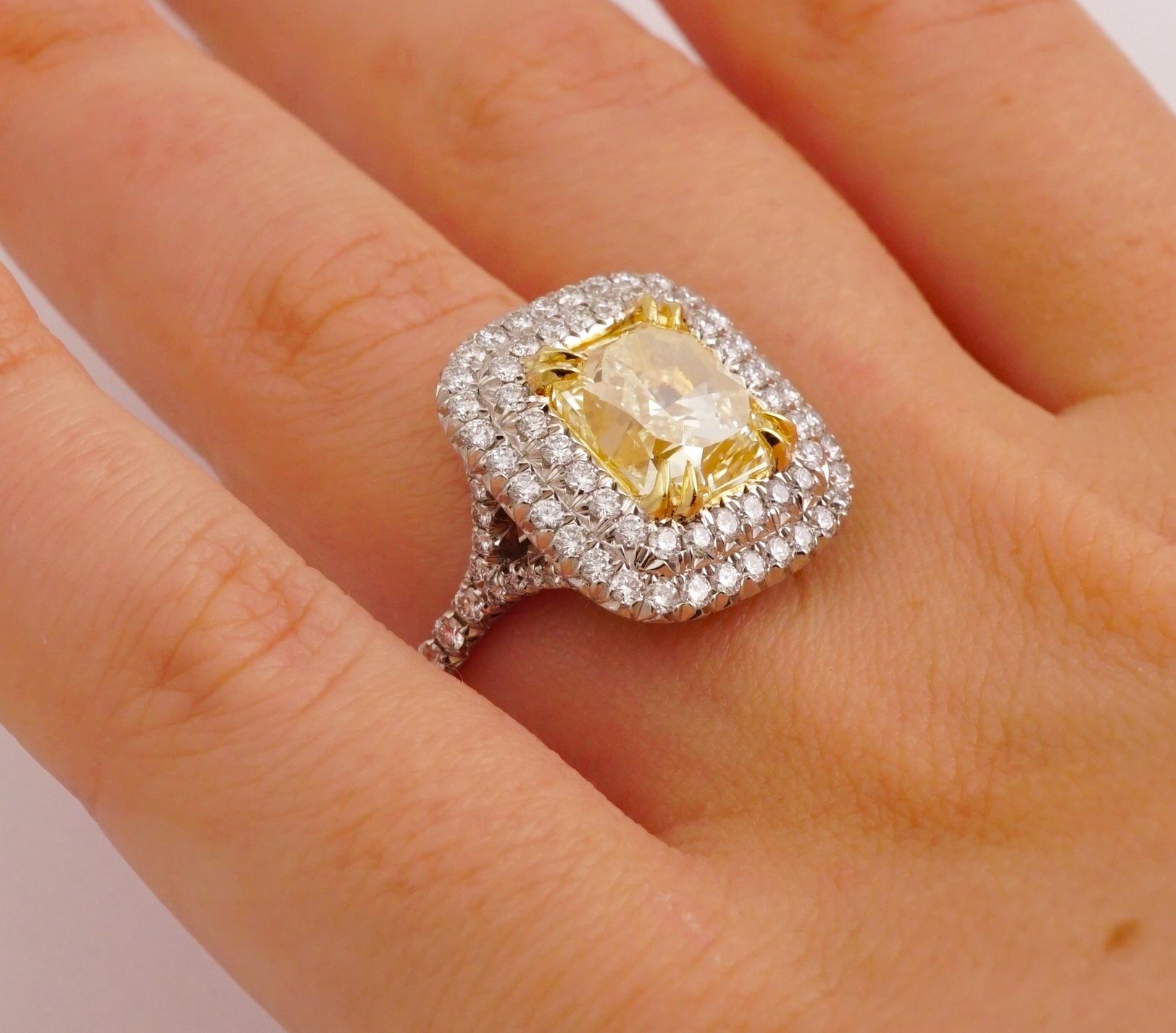 GIA Certified 3.52 Carat Fancy Yellow Radiant Diamond Engagement Ring In New Condition In New York, NY