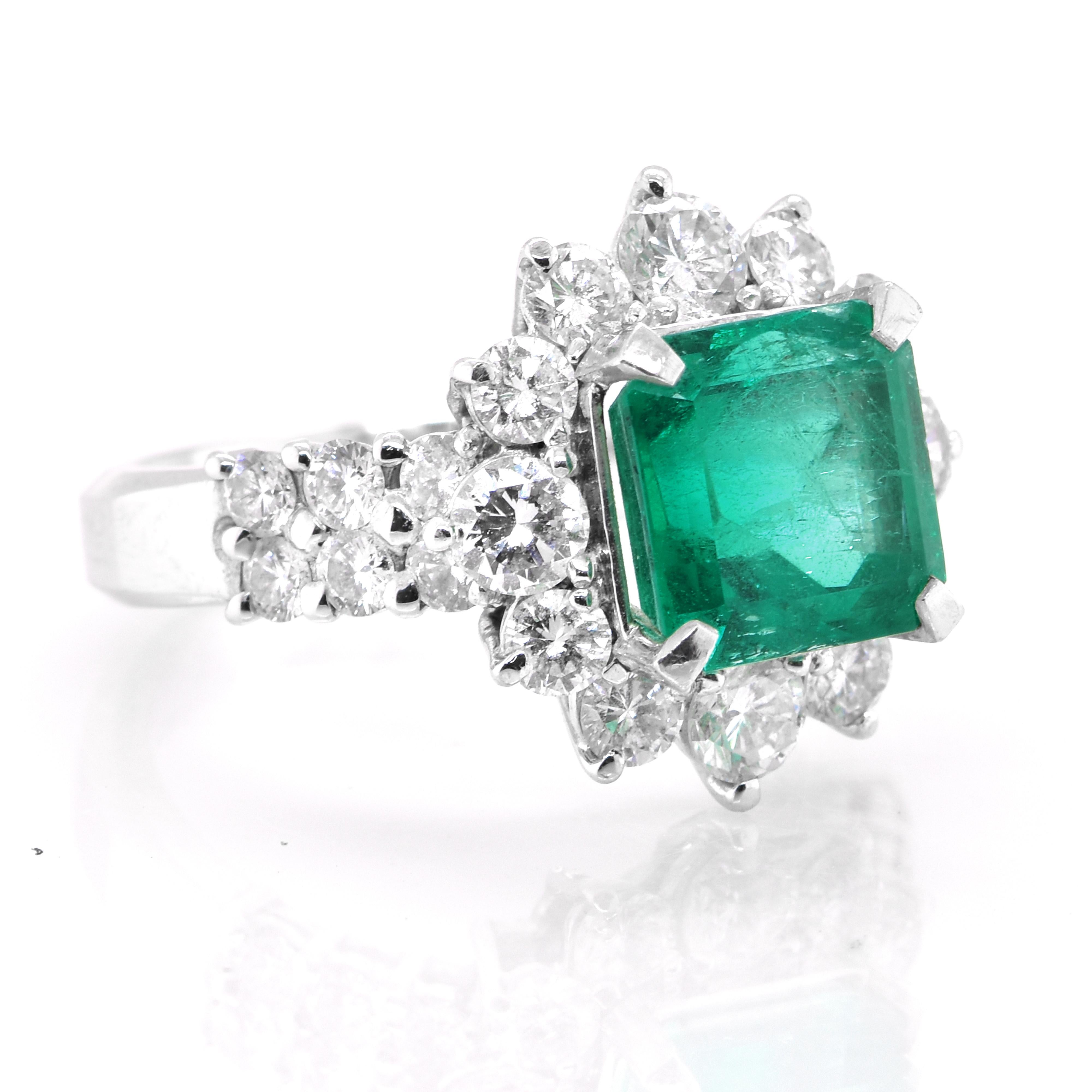 A stunning ring featuring a GIA Certified 3.52 Carat Natural, Minor Oil (F1), Colombian Emerald and 1.83 Carats of Diamond Accents set in Platinum. People have admired emerald’s green for thousands of years. Emeralds have always been associated with
