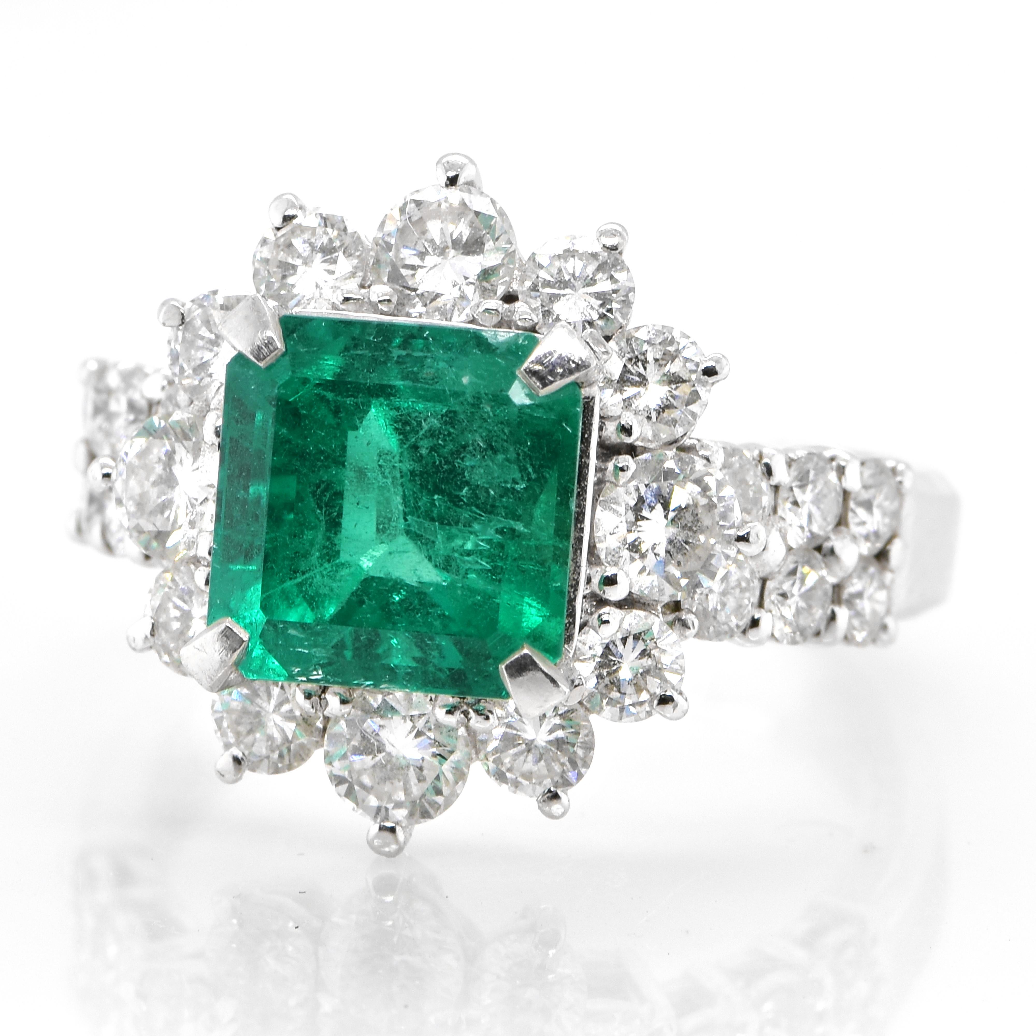 Modern GIA Certified 3.52 Carat, Minor Oil (F1), Colombian Emerald and Diamond Ring For Sale
