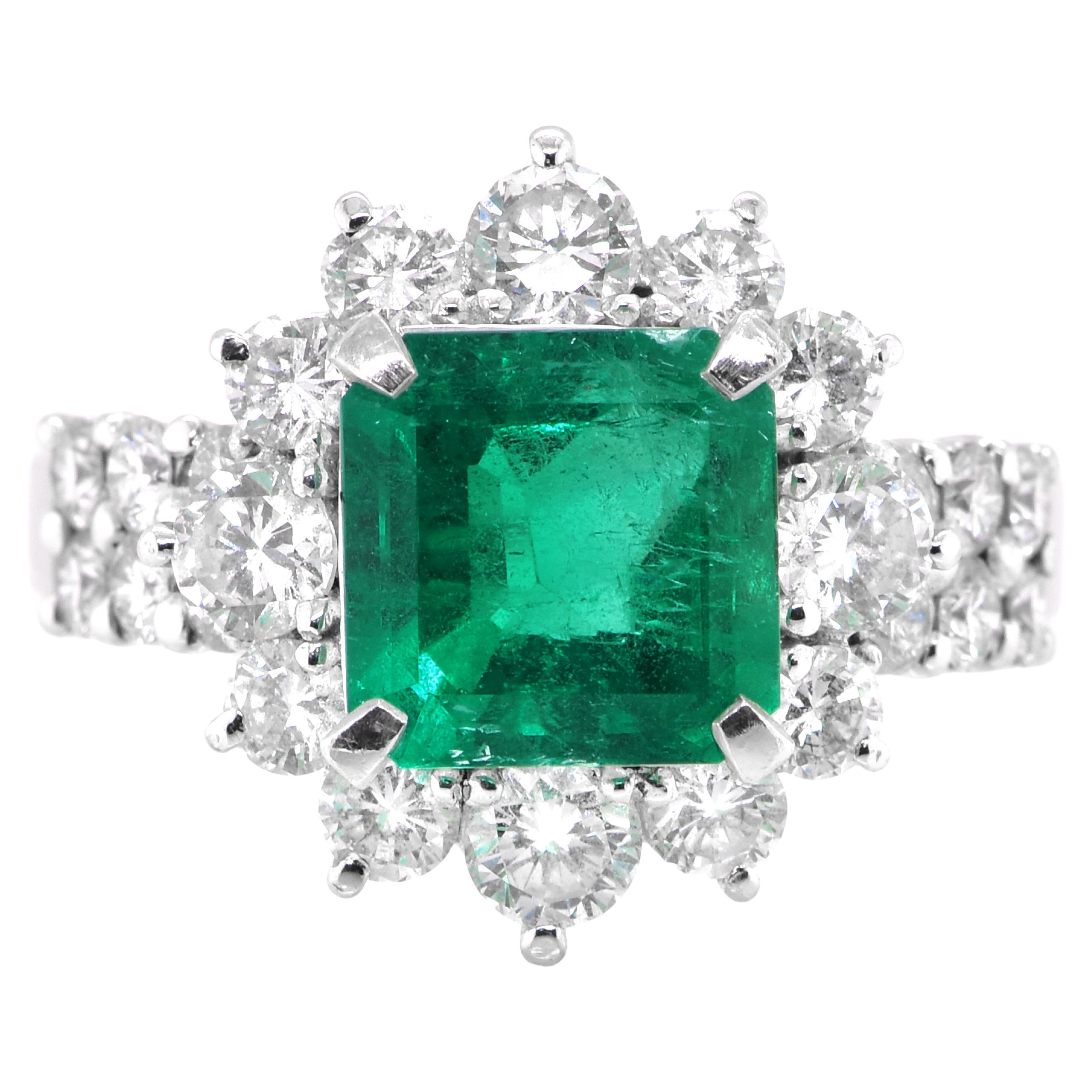 GIA Certified 3.52 Carat, Minor Oil (F1), Colombian Emerald and Diamond Ring For Sale