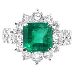 Vintage GIA Certified 3.52 Carat, Minor Oil (F1), Colombian Emerald and Diamond Ring