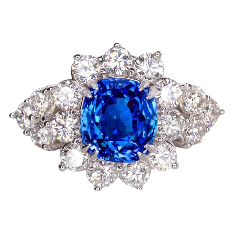 GIA Certified 3.52 Carat No Heat Royal Blue Cushion Sapphire Ring