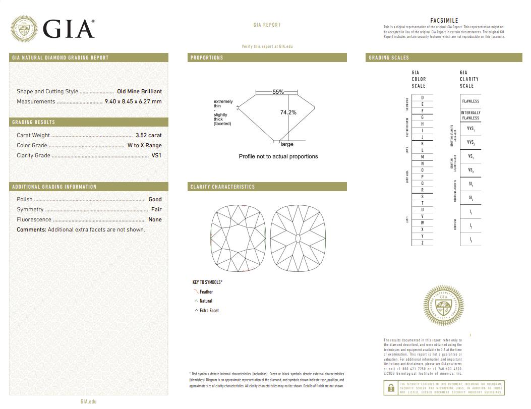 Taille vieille mine Bague ancienne mine certifiée GIA de 3,52 carats VS2 en vente
