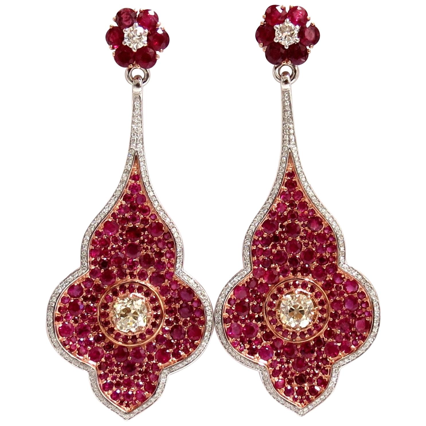 GIA Certified 35.27ct Natural Ruby Diamonds Dangle earrings 18kt Posh Priemeir For Sale