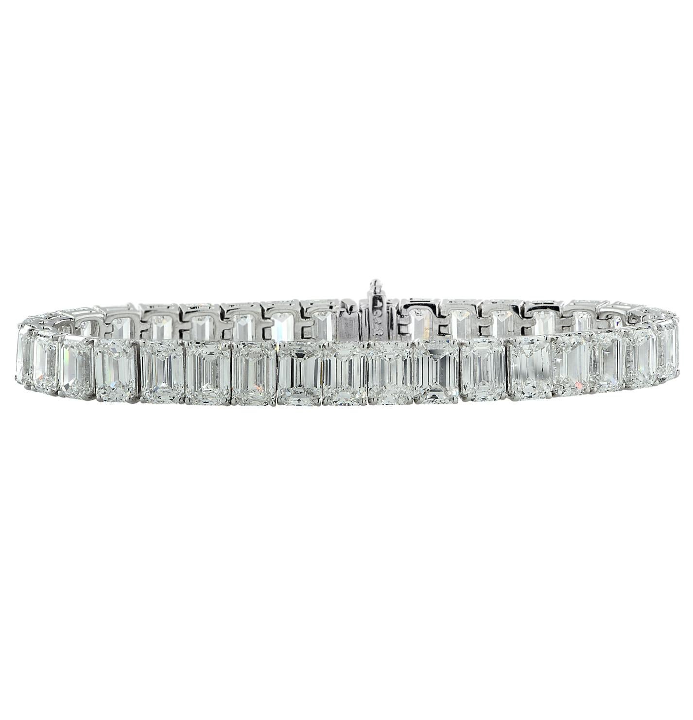 Spectacular bracelet crafted in platinum, featuring 35 sensational GIA certified emerald cut diamonds weighing 35.28 carats total, D-F color, IF-VS clarity. Each GIA certified diamond was carefully selected, perfectly matched and set in an endless