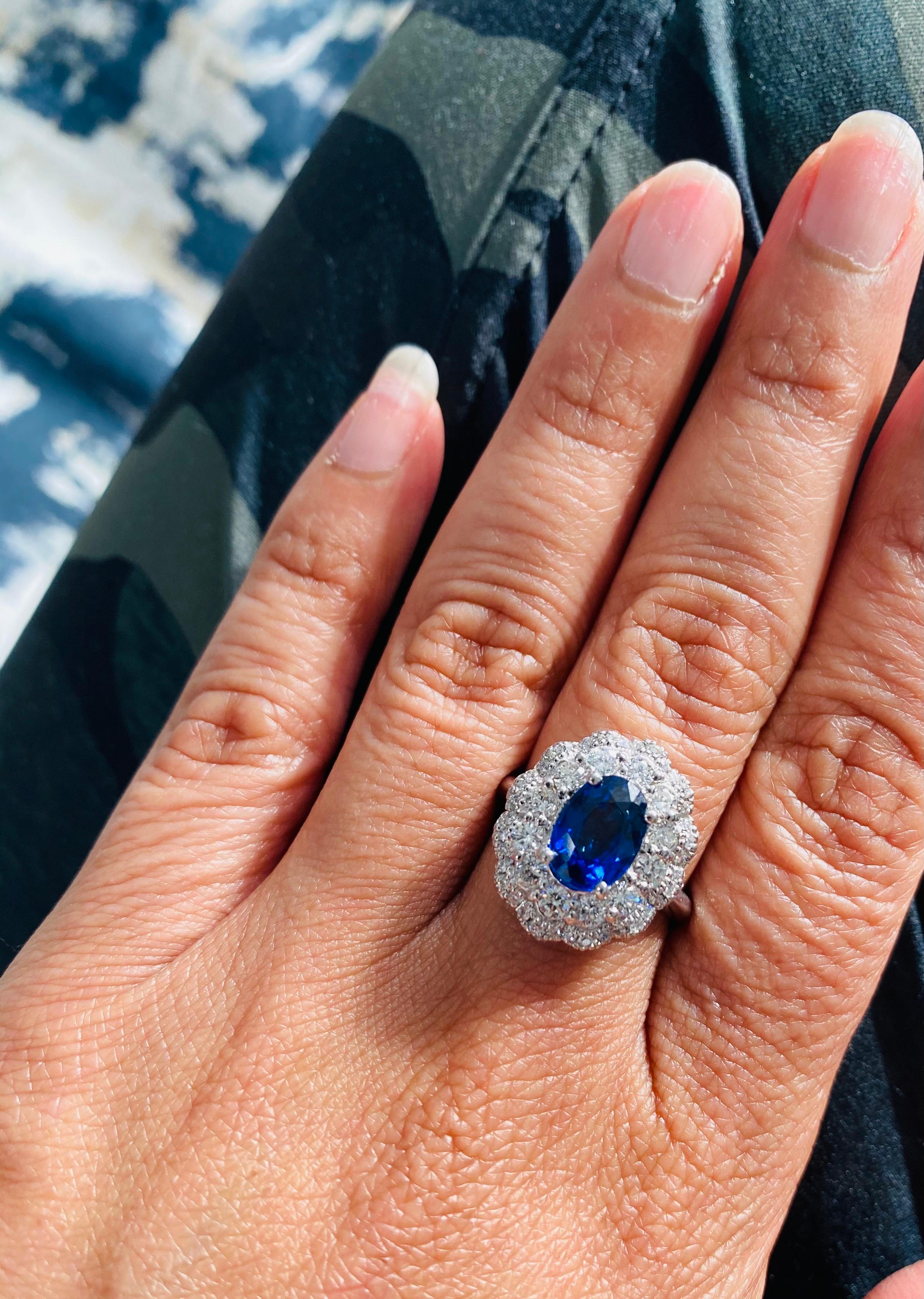 GIA Certified 3.53 Carat Blue Sapphire Diamond 18 Karat White Gold Ring In New Condition For Sale In Los Angeles, CA