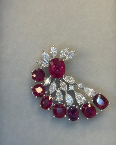 GIA Certified 3.53 Carat Burma No Heat Vivid Red Ruby Diamond Platinum Brooch