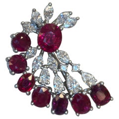 GIA Certified 3.53 Carat Burma No Heat Vivid Red Ruby Diamond Platinum Brooch