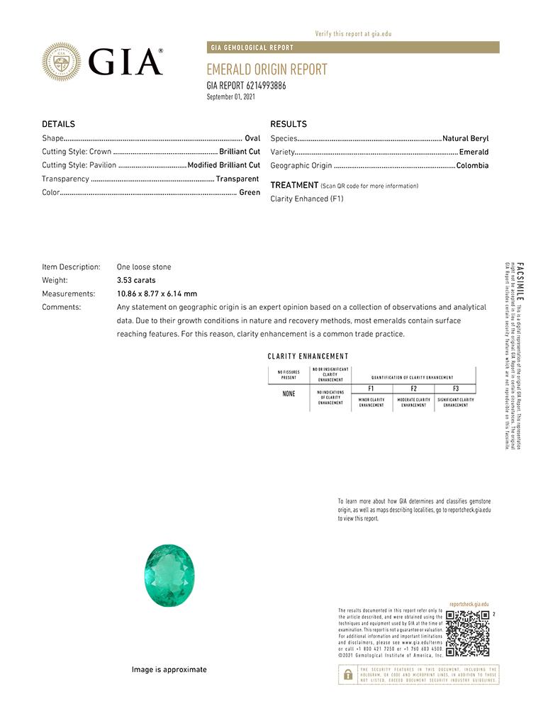 GIA Certified 3.53 Carat Colombian Emerald and Diamond Platinum Ring

A breathtaking ring showcasing a vivid 3.53 carat oval Colombian emerald, certified by GIA, with exceptional transparency and an enchanting green hue. The emerald is beautifully