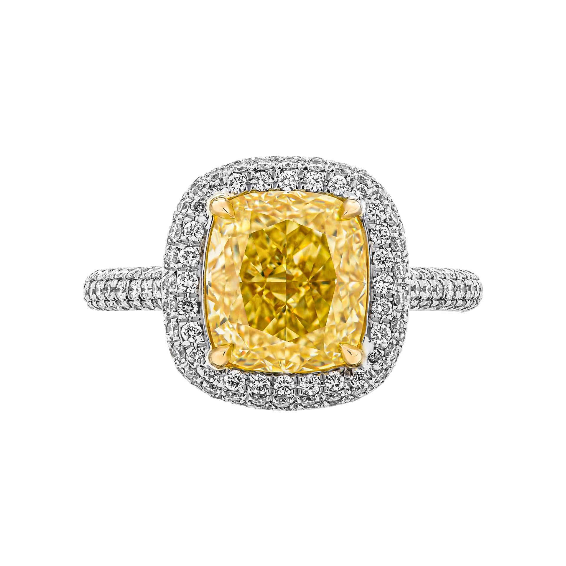 Engagement ring in PT950;
 Diamond 3 row cathedral shank w/ diamond bridge & stems; 
3 row halo around center stone
Center: 3.53ct Natural Fancy Yellow Even SI1 Cushion Shape Diamond GIA#2225125725 
Setting total carat weight: 0.8ct
 Size: 6

Comes