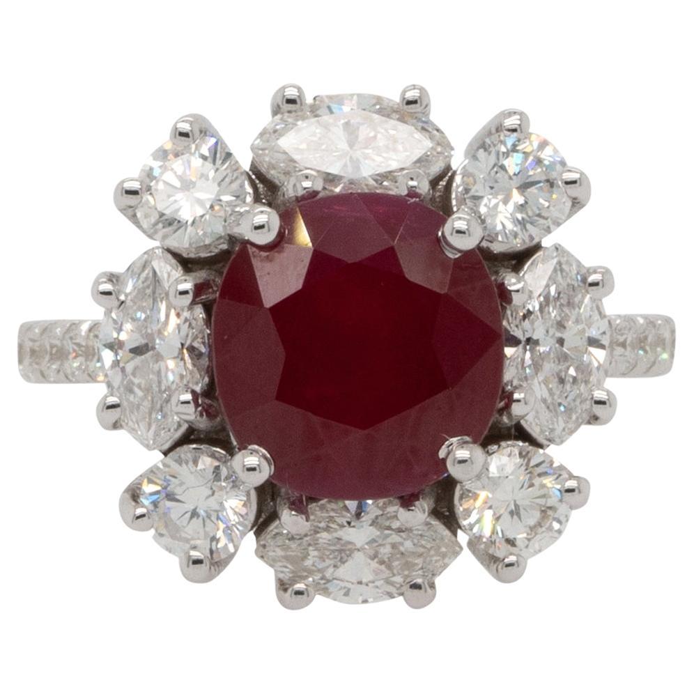 GIA Certified 3.53 Carat Oval Cut Ruby Wide Cluster Ring For Sale