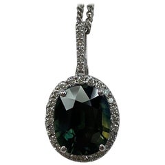 GIA Certified 3.53ct Untreated Deep Green Blue Sapphire Diamond Cluster Pendant