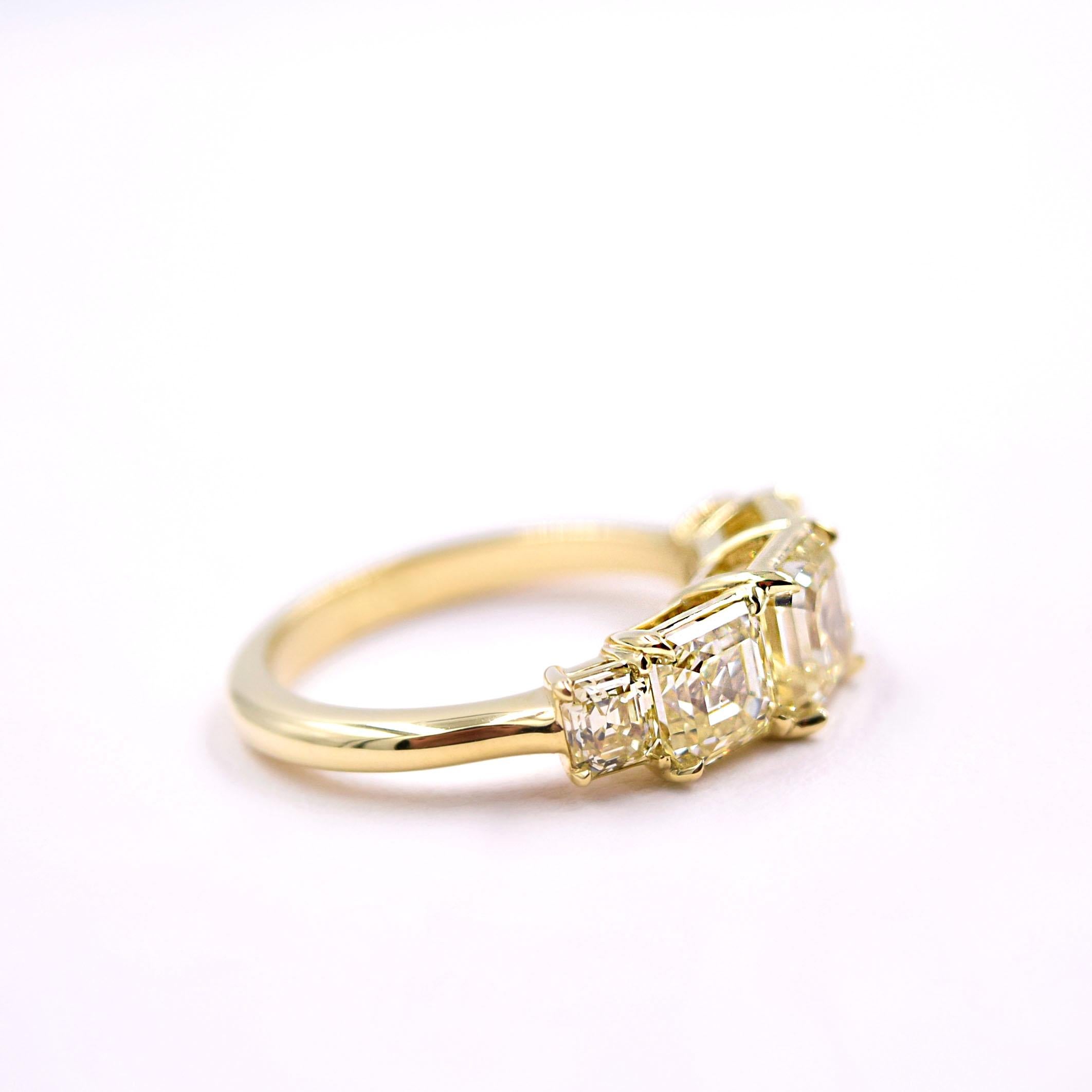 Princess Cut GIA Certified 3.54 Carat Asscher Cut Yellow Diamond Band in 18 Karat Yellow Gold For Sale