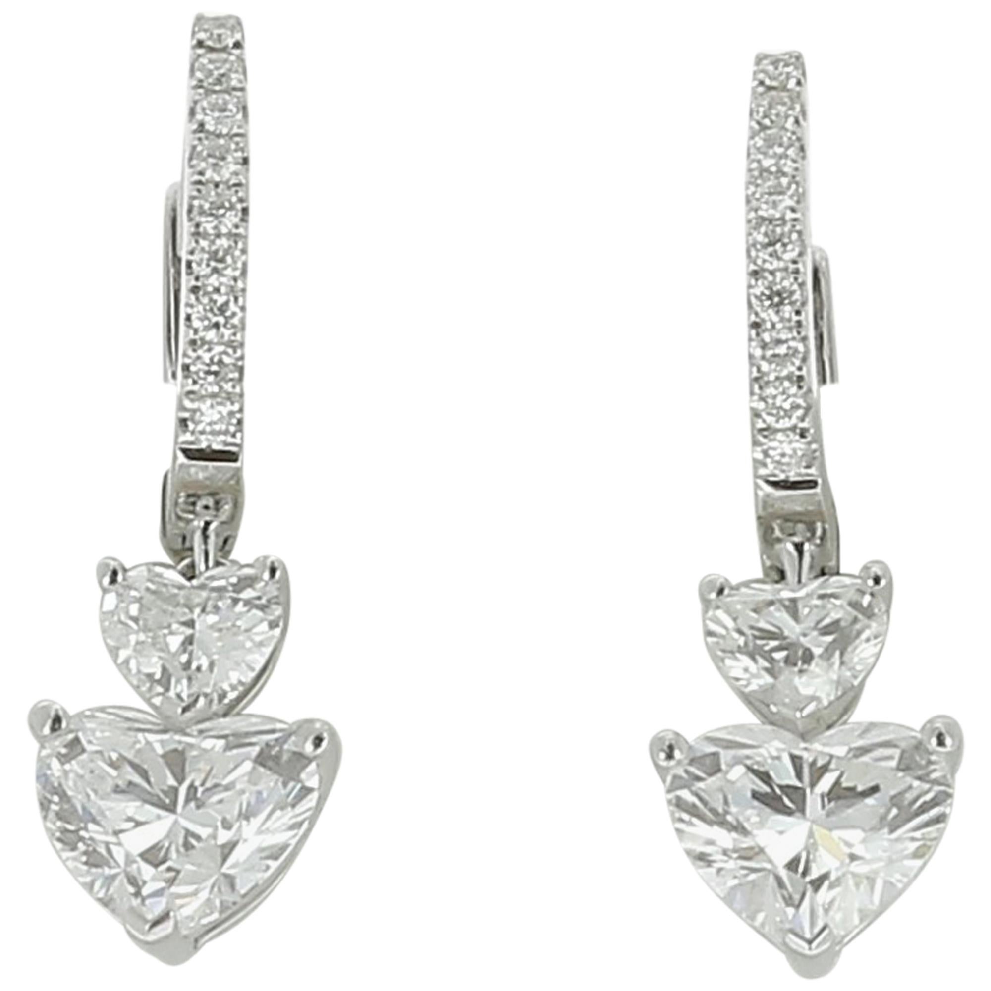 GIA Certified 3.54 Carat Heart Diamond Heart Drop Earrings 18K White Gold  For Sale