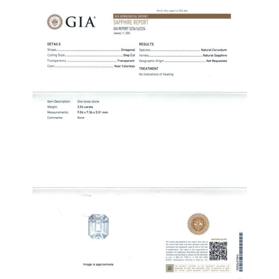 Presenting a Natural White Sapphire of extraordinary elegance, weighing 3.54 carats, accompanied by a prestigious GIA Report. The gem features a Pear Shape with precise measurements of 9.04 x 7.36 x 5.51 mm, showcasing its remarkable size and