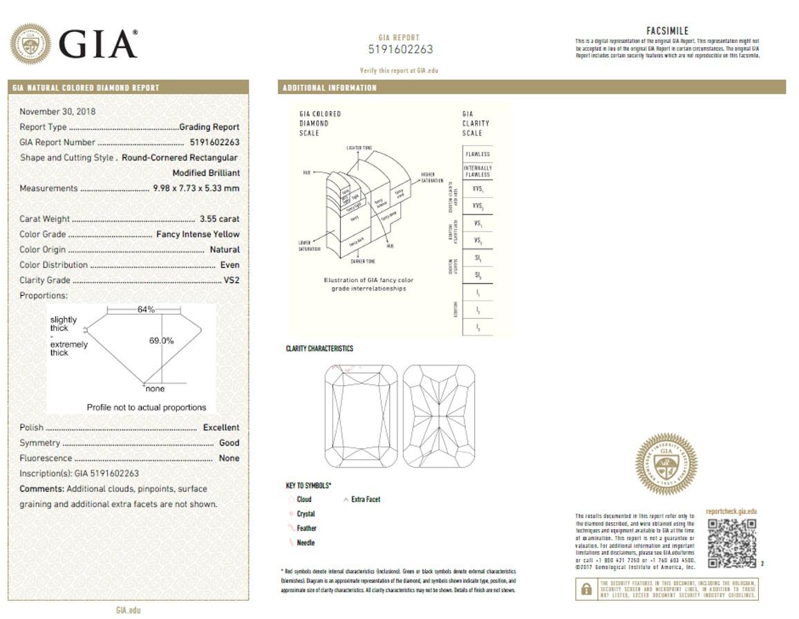 Contemporary GIA Certified 3.55 Carat Cushion Cut Natural Fancy Intense Yellow VS2 Diamond
