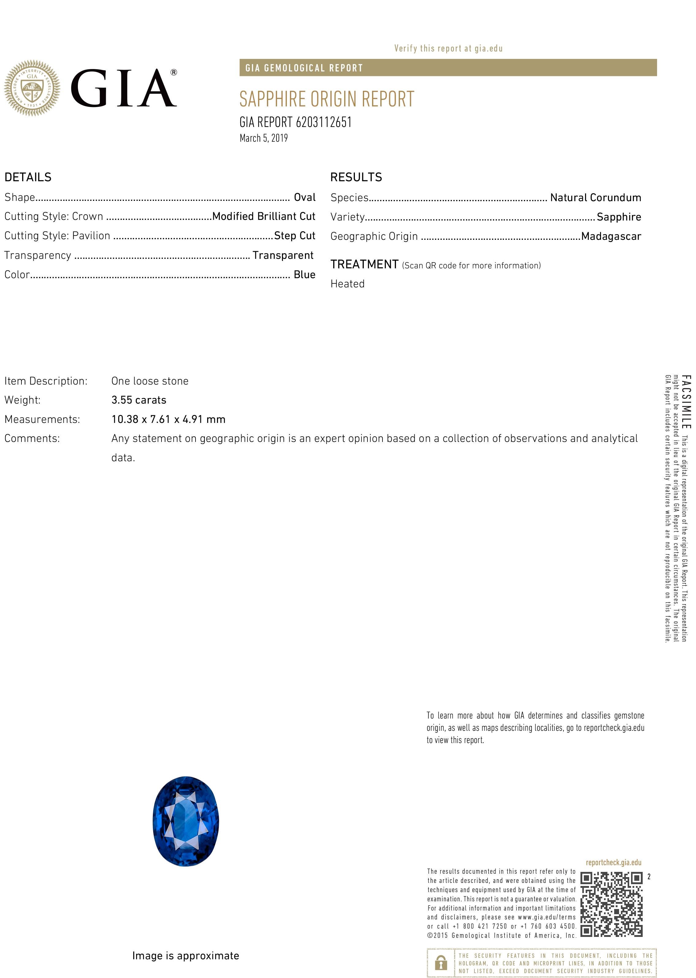 GIA Certified 3.55 Carat Madagascar Blue Sapphire Diamonds Platinum Ring 4