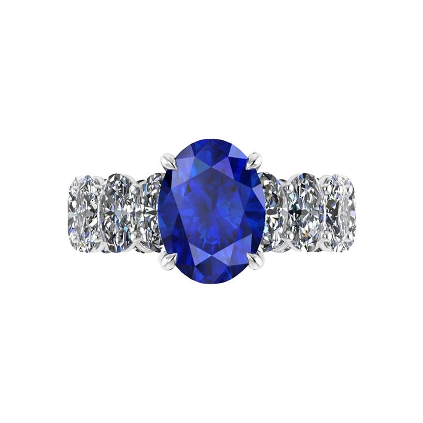 GIA Certified 3.34 Carat  Blue Sapphire Oval Diamonds Platinum Ring