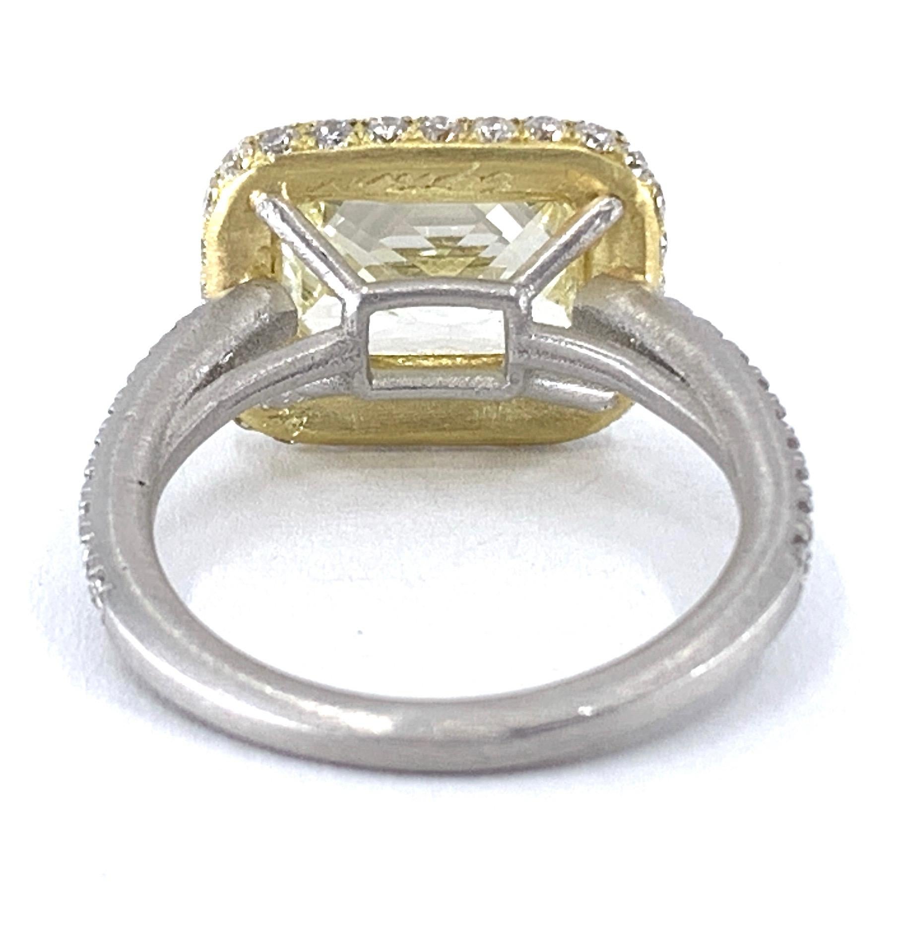 GIA Certified 3.55 Carat Radiant Cut Pale Yellow Diamond Halo Ring In New Condition For Sale In Sherman Oaks, CA