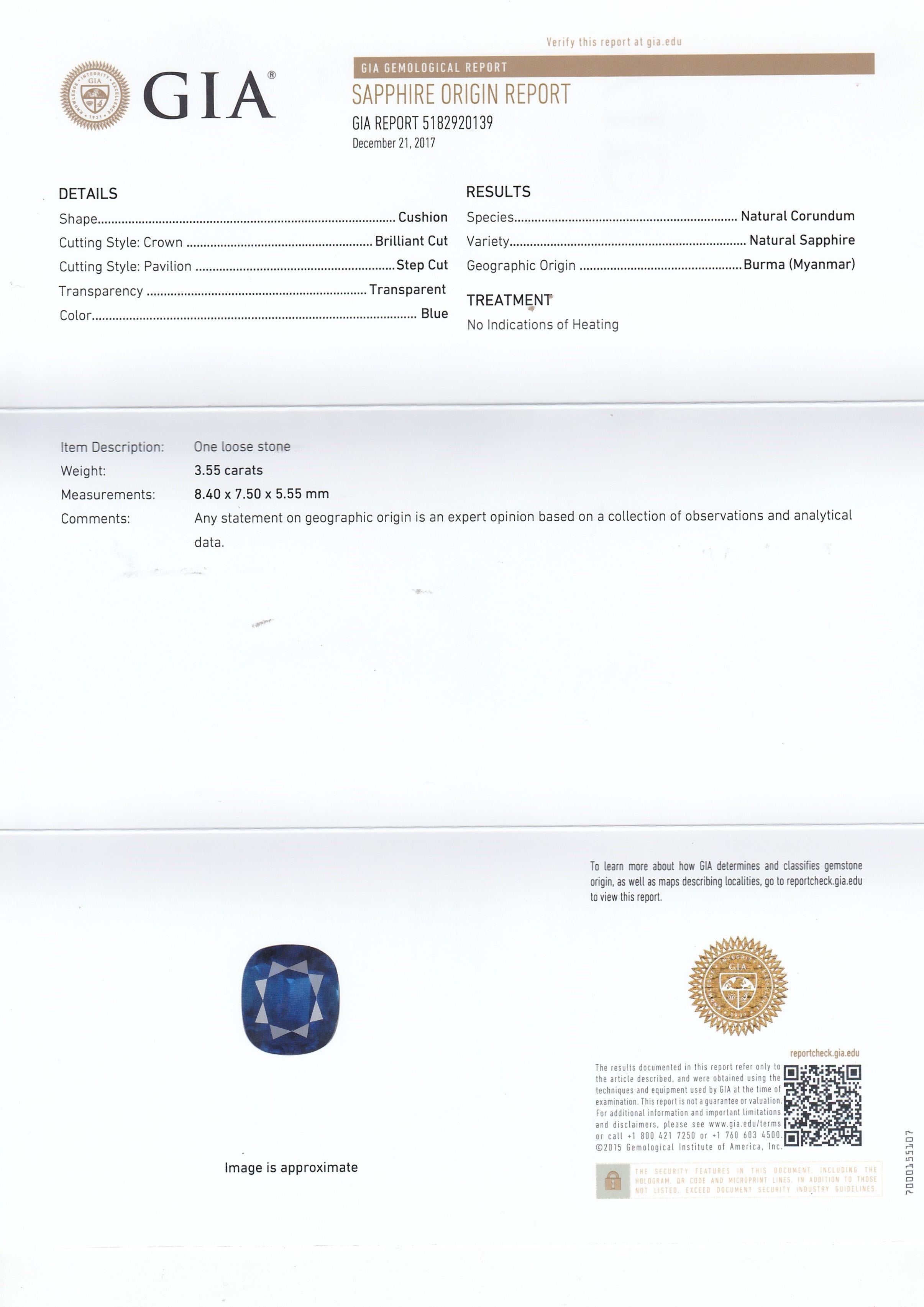 Anillo de cóctel con diamantes y zafiro natural de Birmania azul real de 3,55 quilates certificado por el GIA Corte brillante en venta