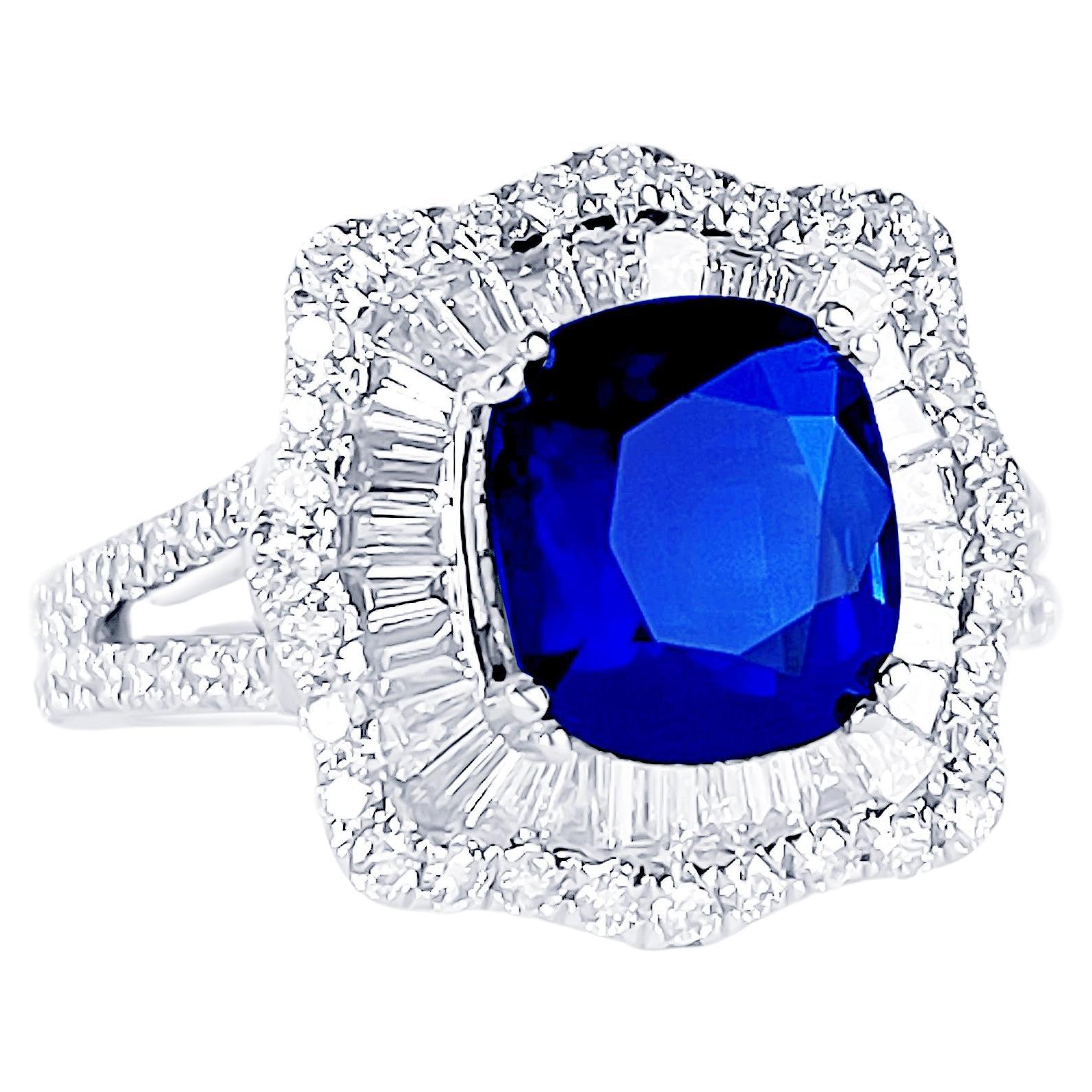 GIA Certified 3.55 Carat Royal Blue Burma Natural Sapphire Diamond Cocktail Ring For Sale