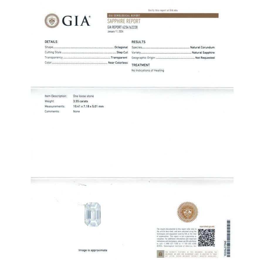 Presenting a dazzling 3.55 carats Natural White Sapphire, graced with the esteemed GIA Report. This octagonal gem, measuring 10.41 x 7.18 x 5.01 mm, emanates a nearly colorless brilliance, showcased through its meticulous Step Cut. Boasting