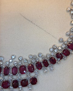 GIA Certified 35.55 Carat Burma No Heat Vivid Red Ruby Diamond Platinum Necklace
