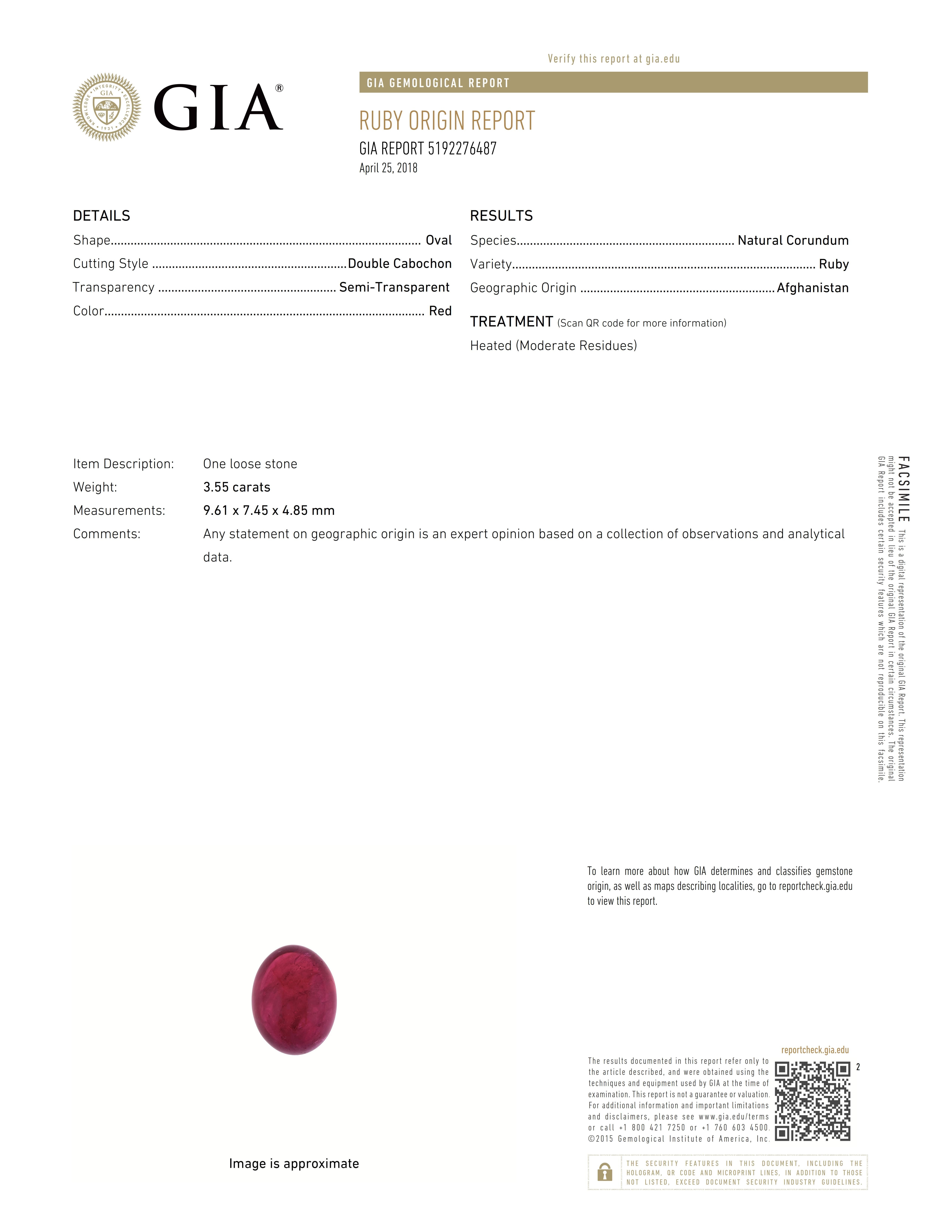 3,55ct Oval Form Burma Rubin 9,61x7,45x4,85 mm GIA #5192276487

Eine der wertvollsten Variationen der Korund-Mineralfamilie ist der ovale burmesische Rubin von 3,55 Karat. Seine intensiv leidenschaftliche und kraftvoll gesättigte rote Farbe ist ein