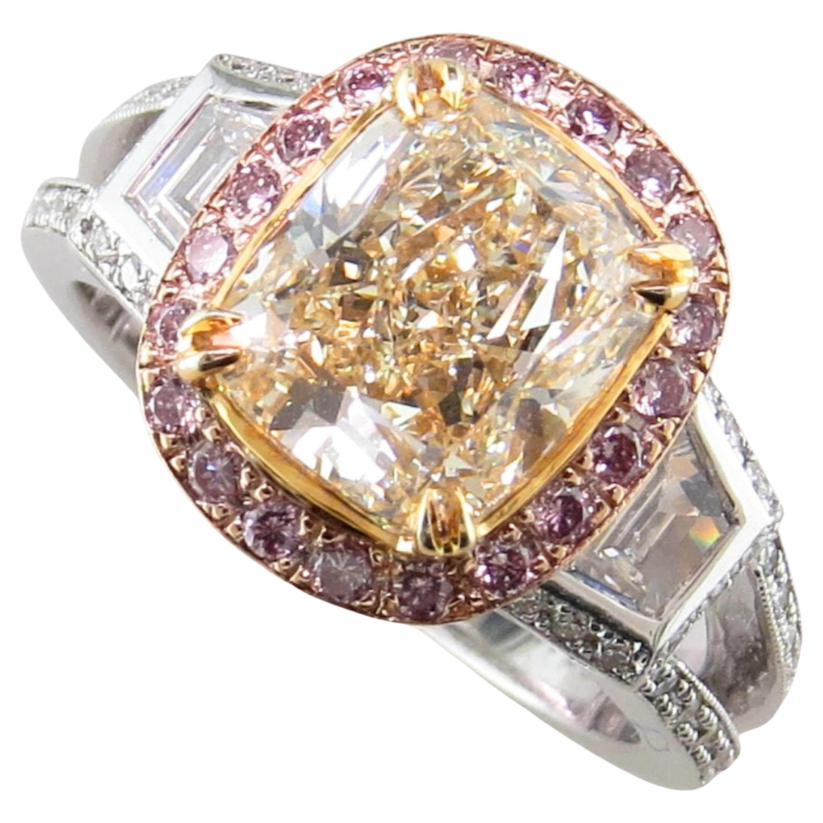 GIA Certified 3.56 Carat Fancy Light Yellow Diamond Platinum Ring