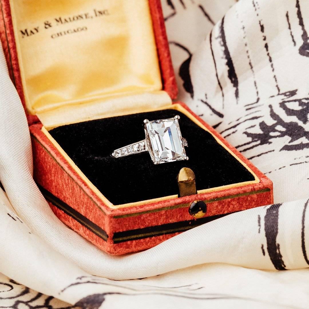 Women's GIA Certified 3.56 Carat G VS2 Emerald Cut Diamond Platinum Engagement Ring