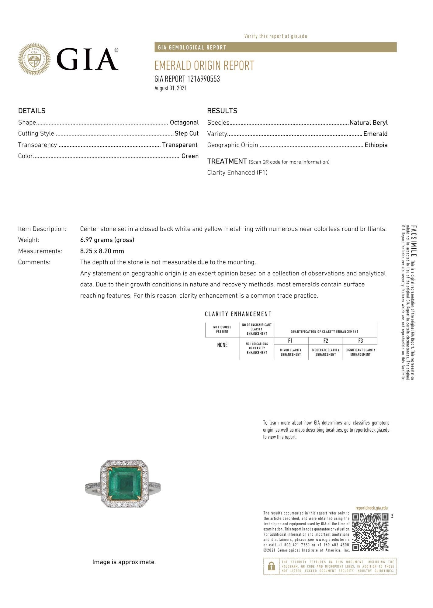 Asscher Cut GIA Certified 3.56 Carat Square Green Emerald Halo 18k Two-Tone Diamond Ring  For Sale