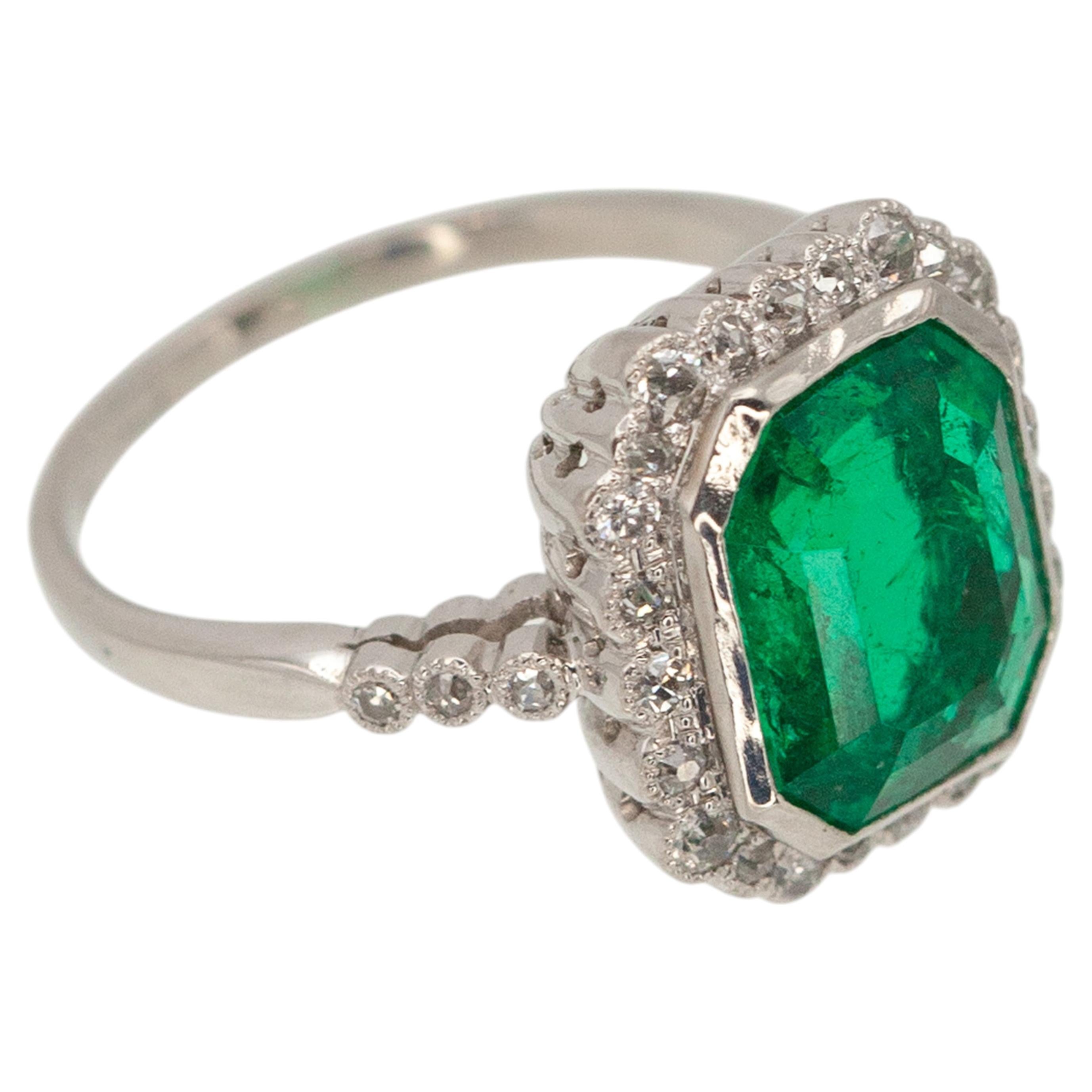 GIA Certified 3.56 Carats Colombian Emerald Diamond Platinum Ring