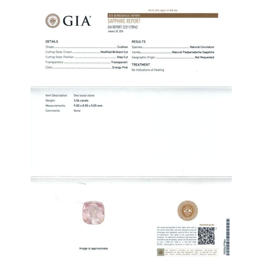 Introducing a natural unheated Padparadscha Sapphire, weighing 3.56 carats and accompanied by a GIA Report. This gem showcases a cushion shape with measurements of 9.00 x 8.50 x 5.05 mm, highlighting its substantial size and elegant proportions. The