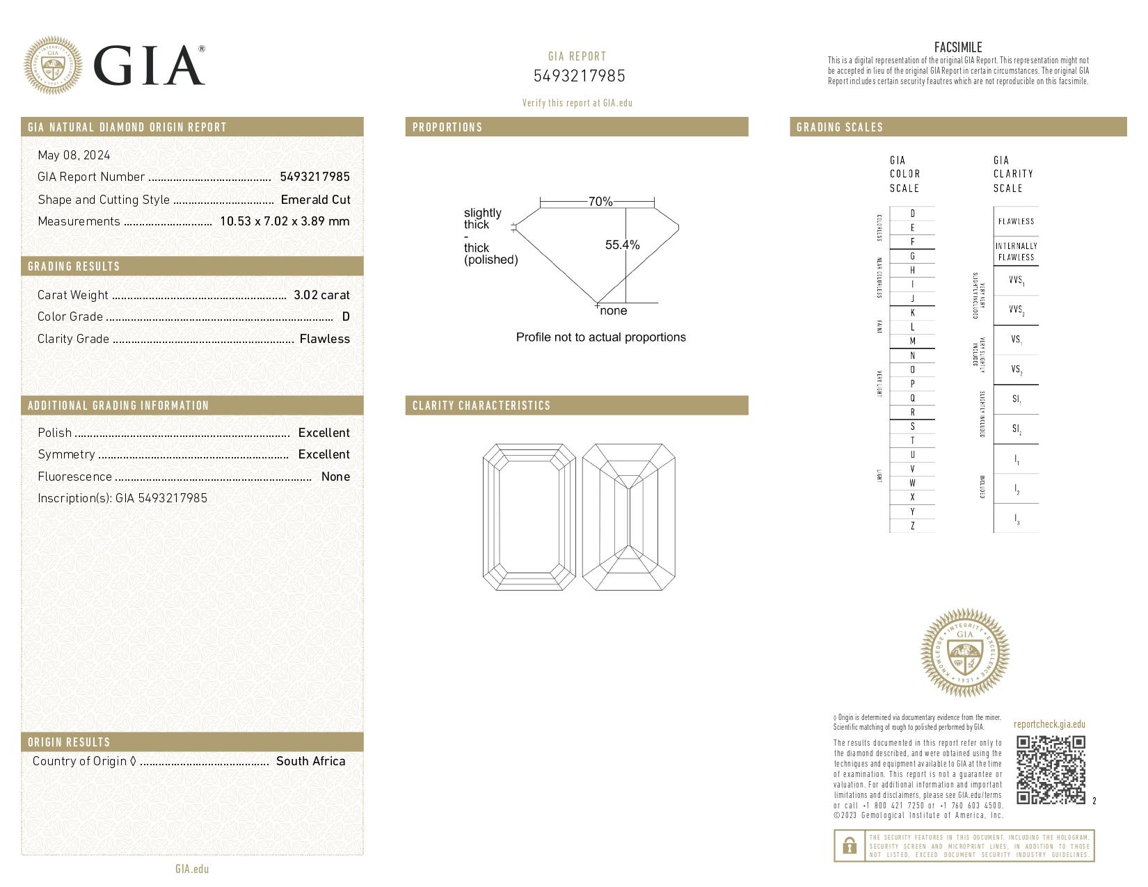 Diamant taille émeraude de 3 carats certifié GIA de couleur D IF Clarity en or blanc 18 carats Pour femmes en vente