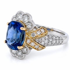 GIA Certified 3.58 Carat Sapphire and Diamond Two-Tone "Royal" Halo Ring