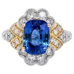 GIA Certified 3.58 Carat Sapphire and Diamond Two-Tone "Royal" Halo Ring