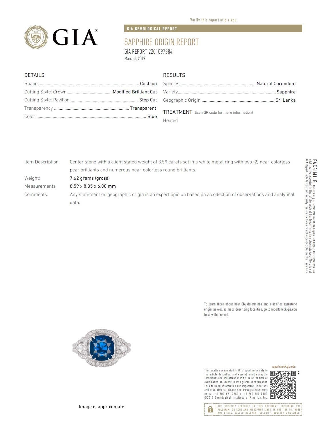 GIA Certified 3.59 Carat Cushion Cut Blue Sapphire and Diamond Ring 2