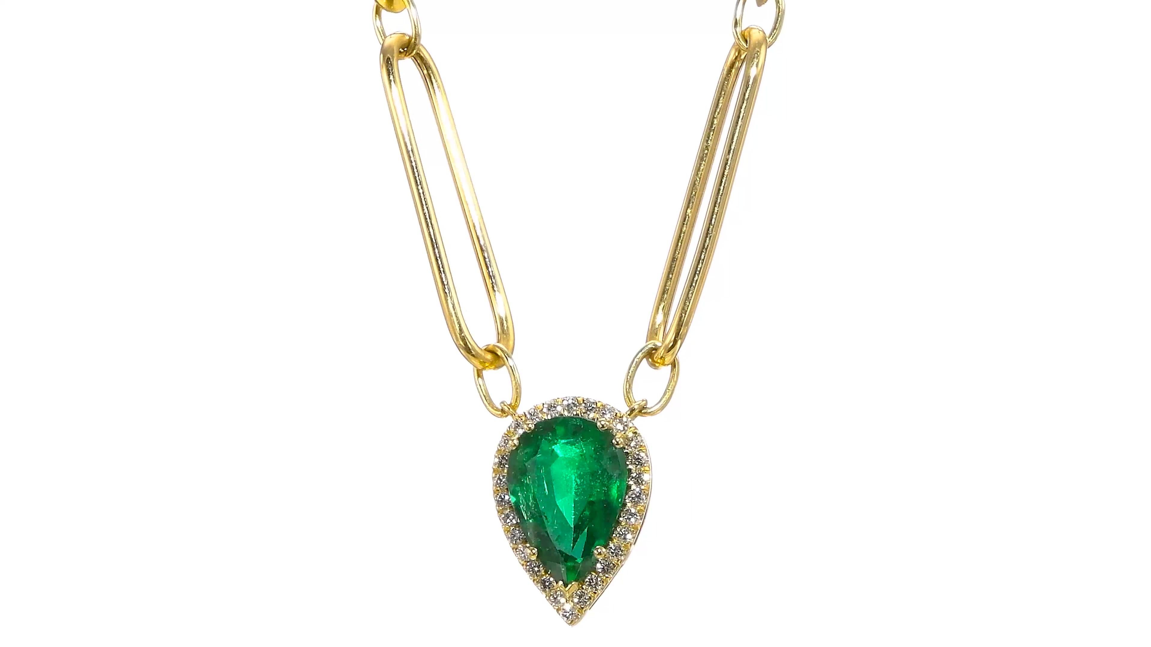 Art Deco GIA Certified 3.59 Carat Pear Shape Emerald Necklace with Diamonds For Sale