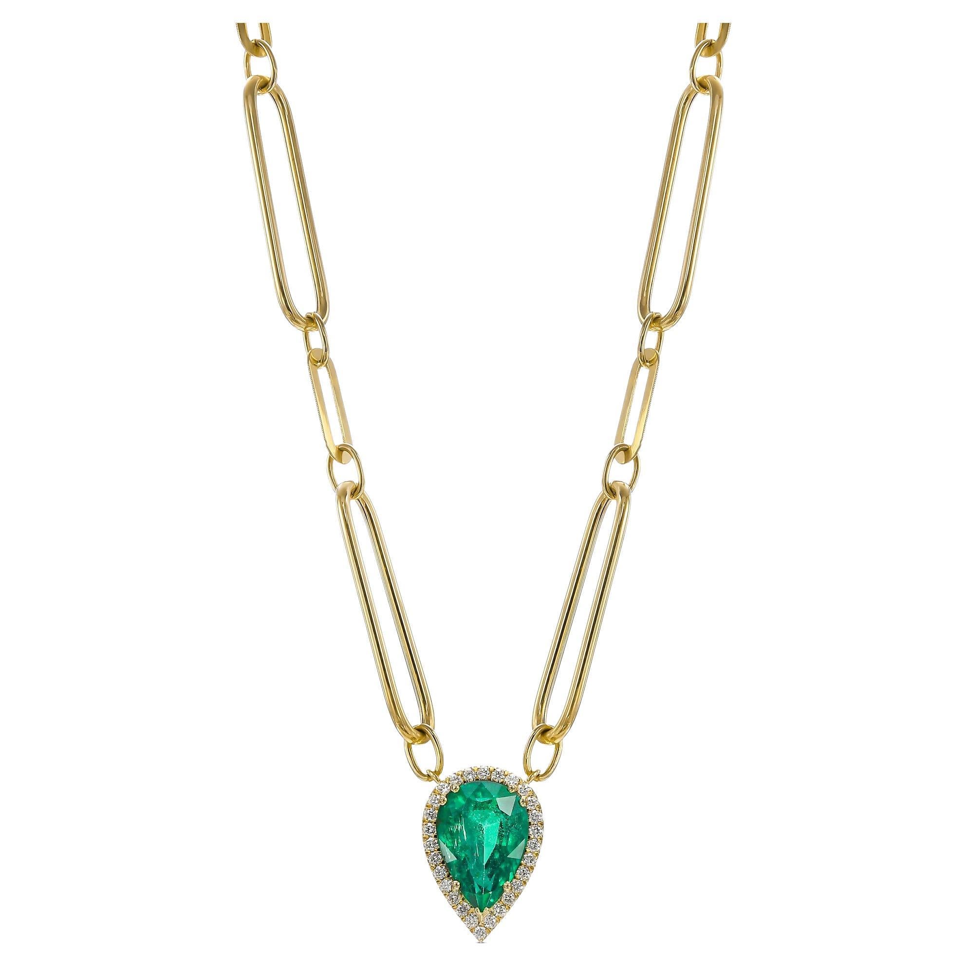 GIA-zertifizierte 3,59 Karat birnenförmige Smaragd-Halskette mit Diamanten